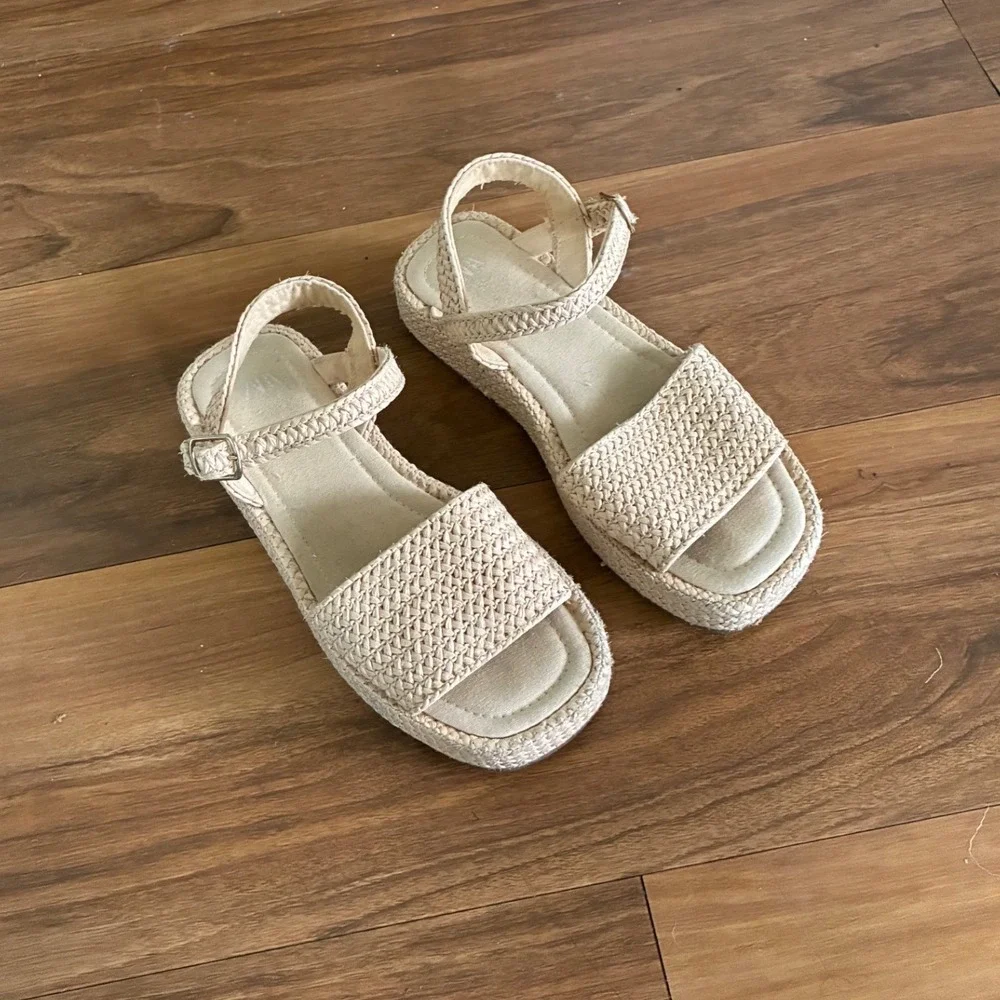 Zara Kids Beige‎ Woven Platform Sandals Espadrille Ankle Strap Size 36
